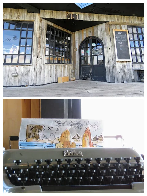 Collage of the exterior of The Coffee Maker and a typewriter art project in Puerto Natales Chile