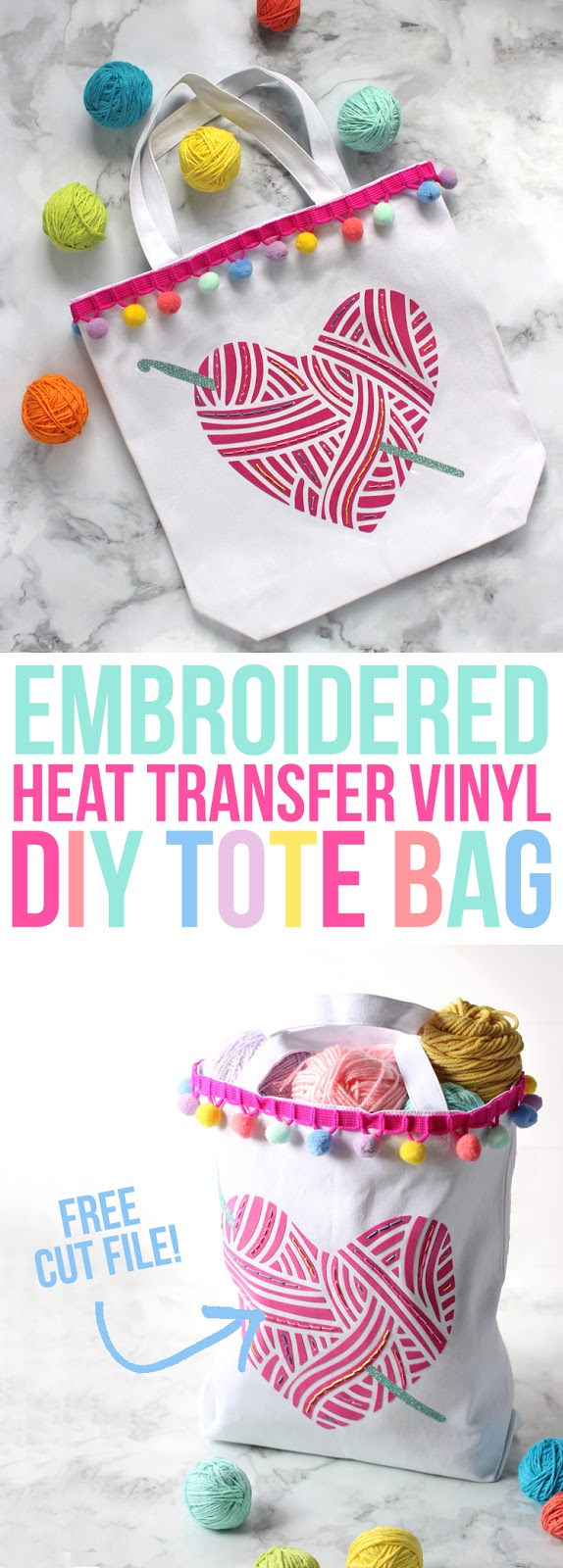 Looking for a fun craft idea? Make this custom tote bag with heat transfer vinyl and embroidery floss. Silhouette Cameo project ideas.