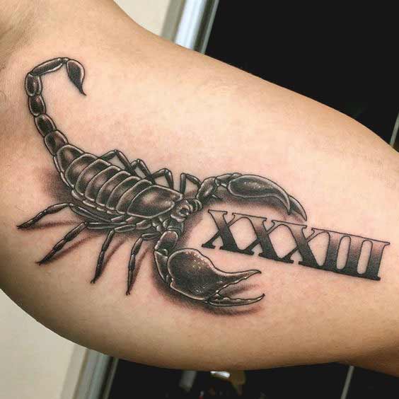 Scorpion zodiac design with date of  birth on inner bicep
