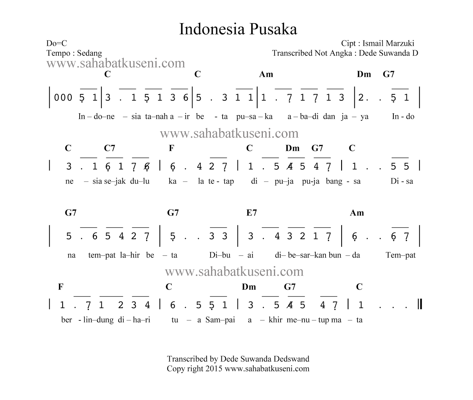 not angka lagu indonesia pusaka ismail marzuki