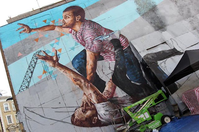 Fintan Magee's "Survival Of The Fittest" Street Art Mural In East London, UK. - progress shot