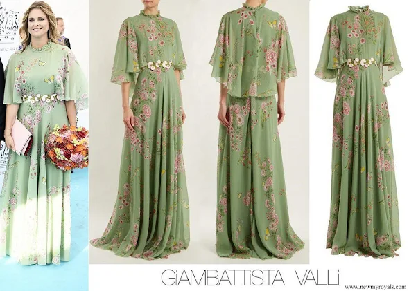 Princess Madeleine wore Giambattista Valli Green Garden Butterfly-print Tiered Silk-georgette Gown