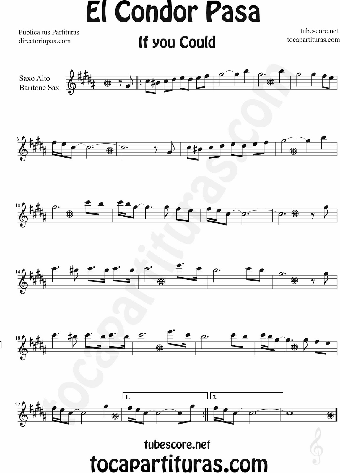 Diegosax El Condor Pasa Sheet Music Popular De Peru Paritura Para