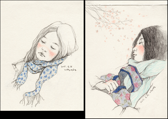 Dibujo de Lee Su Hee: Dos retratos de mujeres dormidas