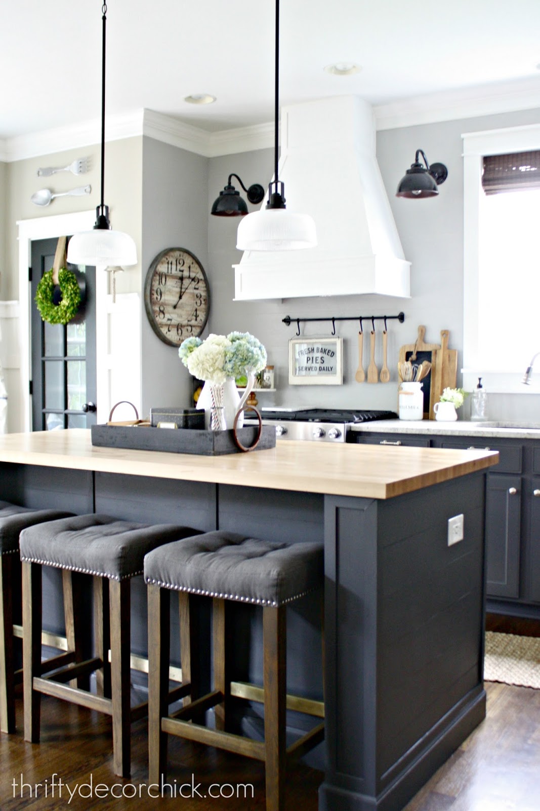 Dark gray island in kitchen
