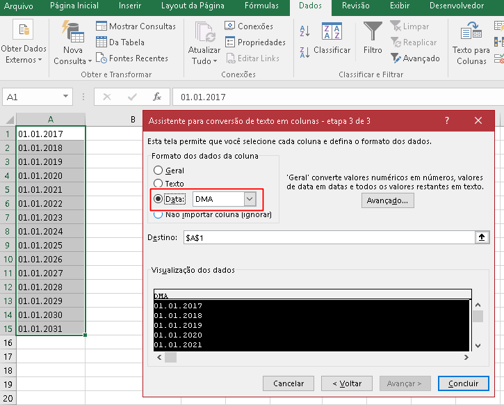 Converter datas no formato dd.mm.aaaa para dd/mm/aaaa no Excel