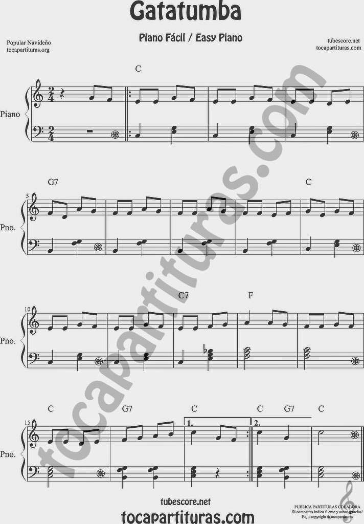 Gatatumba Partitura de Piano principiantes de Gatatumba en Do Mayor. Partitura con acompañamiento sencillo para aprender el villancico Gatatumba Lead sheet music for piano beginners. Video partitura tutorial