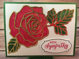 This Rose Red and Old Olive Rose Sympathy card uses Stampin' Up!'s Rose Garden Thinlits & Rose Wonder stamp set, Gold Wink of Stella, Aqua Painter, Gold Foil paper, and Watercolor Paper.  Check out the video for this technique!  www.stampwithjennifer.blogspot.com