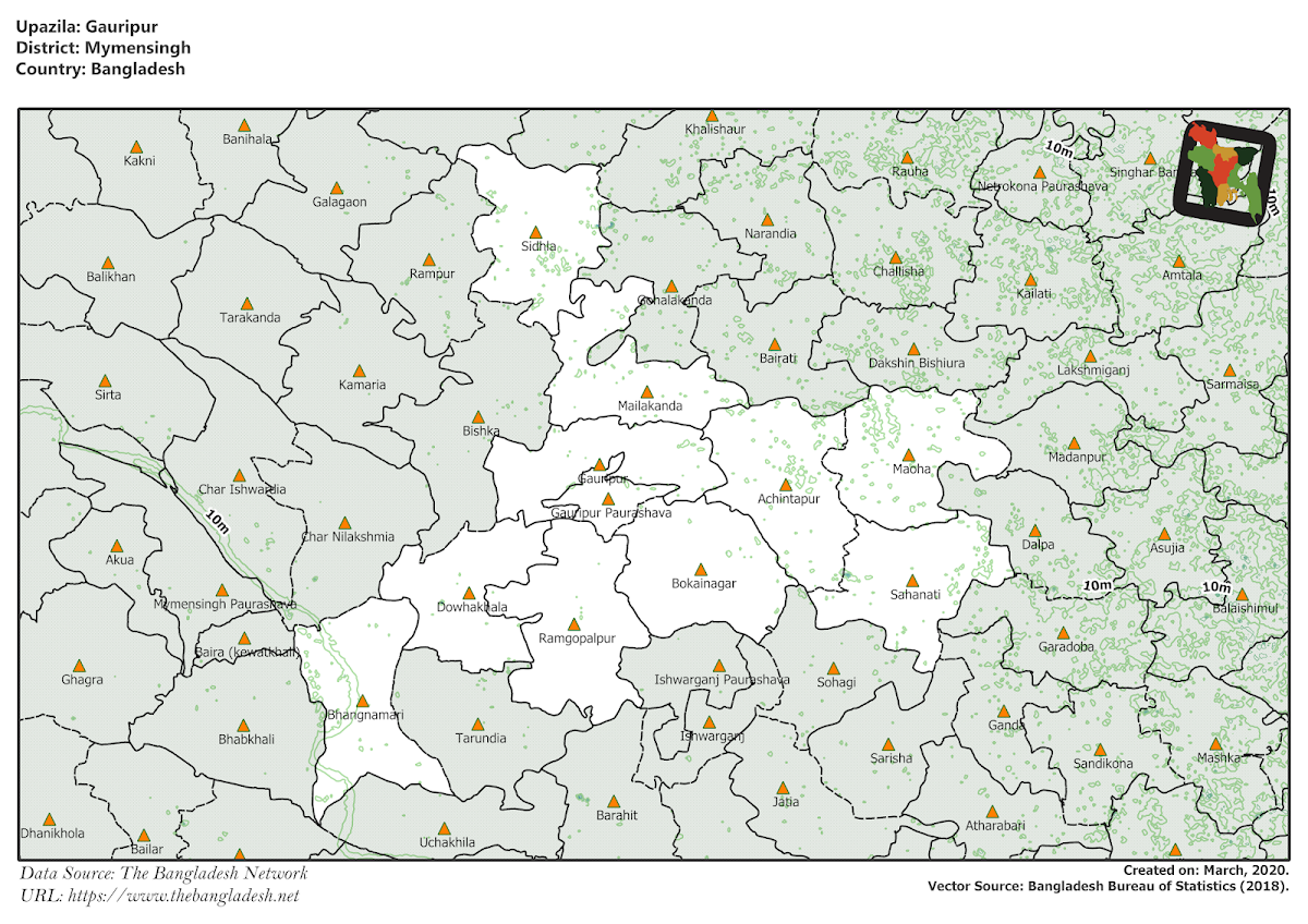 Gauripur Upazila Elevation Map Mymensingh District Bangladesh