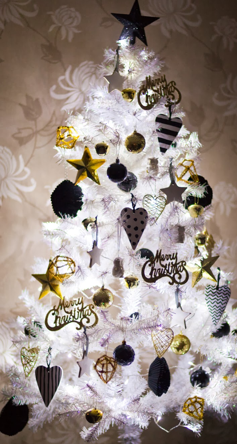 White Christmas Tree with Gold/Black/Silver Ornaments