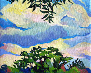 A landscape painting of trees and sky near Barton Springs in Austin