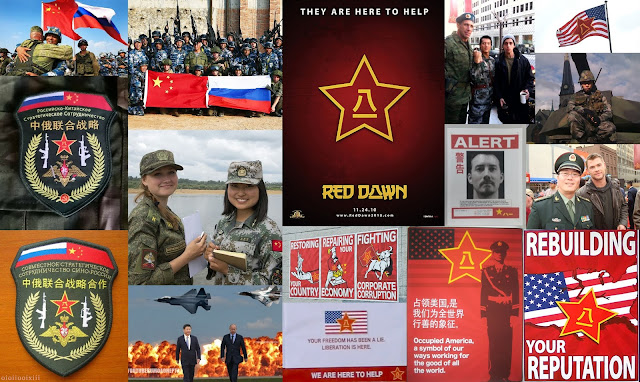 montage image: on the left hand side; various images relating to real-world good relations between Russia and China, politically and militarily. On the right hand side, photos and images relating to the original production of Red Dawn (2012) movie; showing Chinese propaganda posters and military forces.