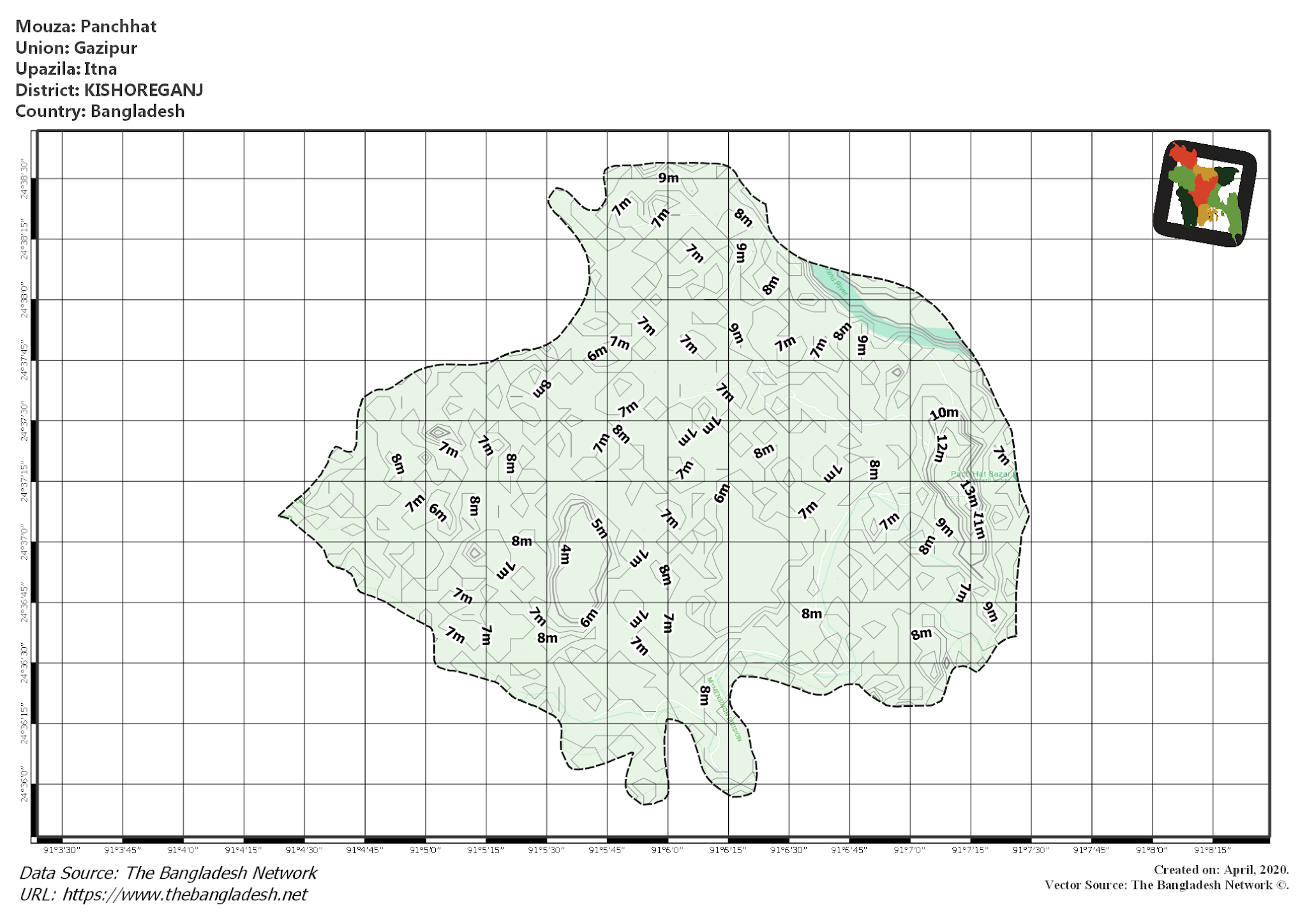 Map of Panchhat Mouza of Itna Upazila, KISHOREGANJ, Bangladesh.
