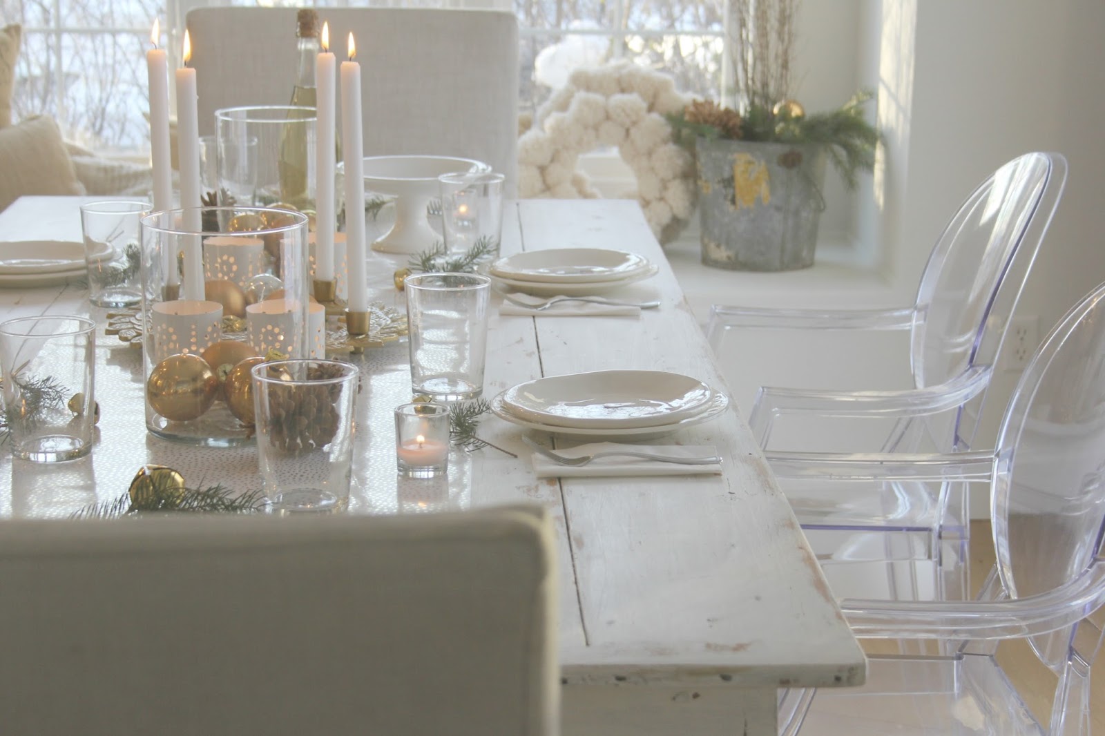 Hello Lovely Studio's Christmas holiday farmhouse tablescape with gold, white, and green