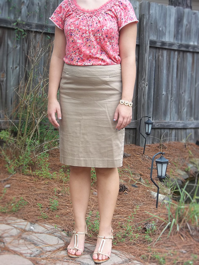 wear now wear later khaki pencil skirt and coral floral top fall transition idea military jacket