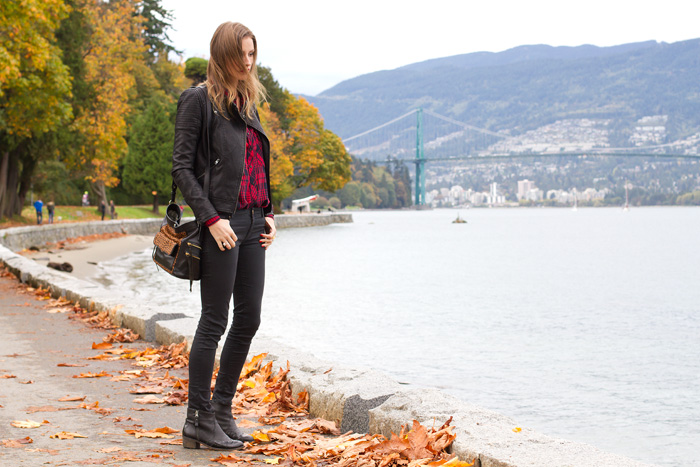 Vancouver Style Blogger, Alison Hutchinson, is wearing a plaid Zara top, topshop black leather moto jacket, faded black Zara jeans, leopard print Rebecca Minkoff bag, and black topshop ankle boots