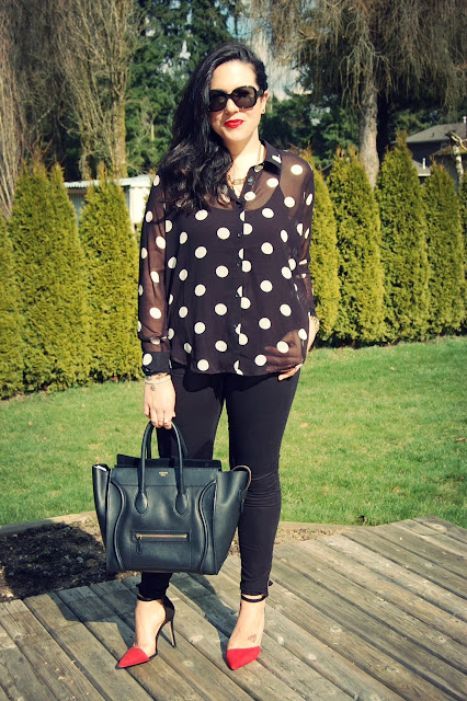 Polka dot blouse, J brand jodphurs, Zara colorblock heels and a Celine Mini Luggage bag.