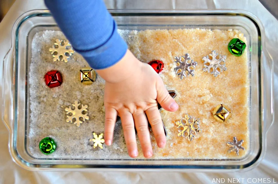 Christmas sensory play with gold & silver epsom salts from And Next Comes L