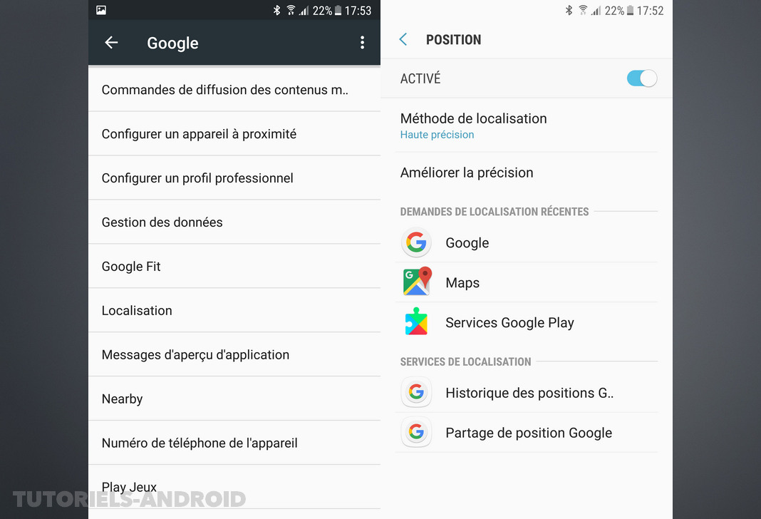 Activer la position de l'appareil dans les paramètres Google