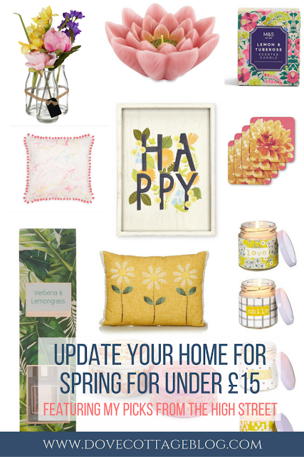 Update your interior design for Spring, adding spring inspired colours, decor and accessories into your home cheaply and without the need for redecorating, using my pick of the best interiors from high street for Spring 2017, all for less than £15