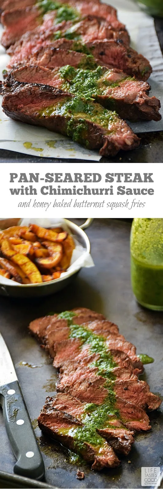 Pan-Seared Steak with Chimichurri sauce | by Life Tastes Good is an easy to make dinner any night of the week! Flat-iron steak is one of the most flavorful cuts, and it is more budget-friendly than some other popular cuts, which makes it a great choice for #WeekdaySupper! #LTGrecipes