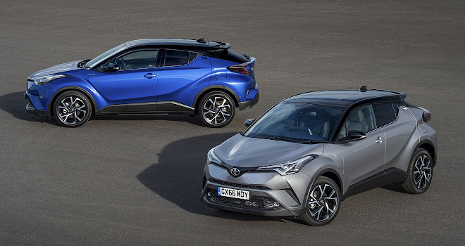 Hybrid in blue offers much better economy than 1.2 turbo petrol Toyota C-HR petrol and hybrid models