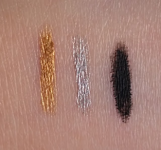 Cynthia Rowley Beauty Eyeliner swatches in gold, silver and black