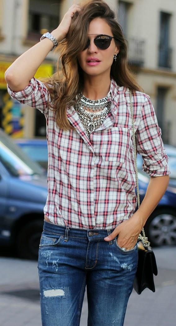 Fashion Magazine: Chic Plaid and Skinnies Jeans with Pop Red Heels ...