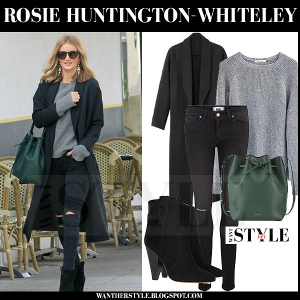 Rosie Huntington-Whiteley in grey coat, black skinny jeans with green ...