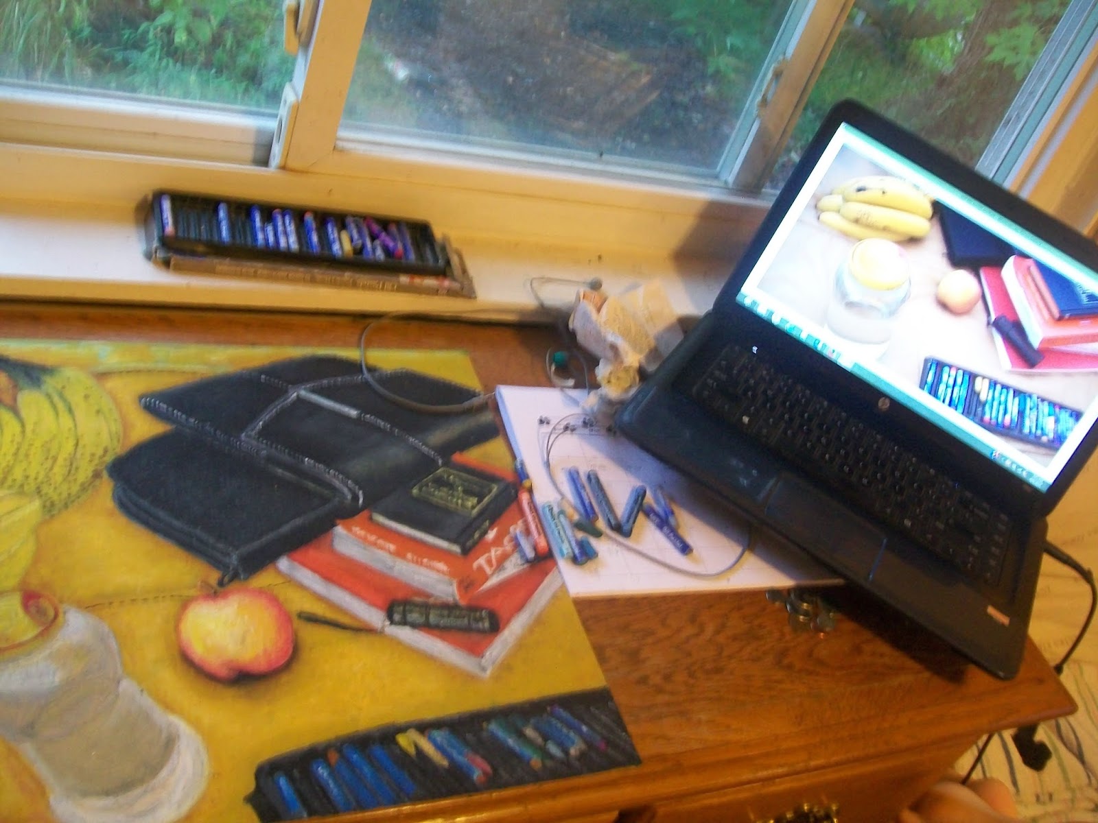 Art Landfill Oil Pastel Stilllife drawing "Banana Books"