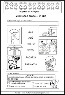 Avaliação global para 1º ano alfabetização Avaliação global para 1º ano alfabetização