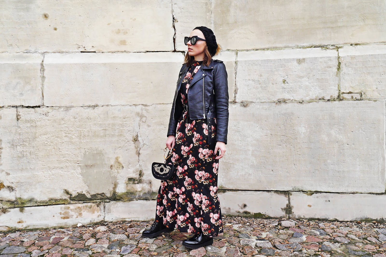 sukienka w kwiaty renee design botki czarne beret ramoneska karyn blog modowy blogerka modowa blog o modzie