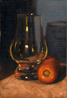 Oil painting of a Glencairn whisky glass beside a carrot.