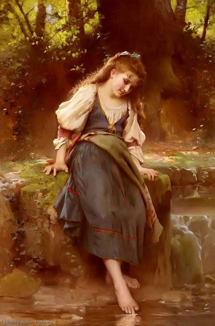 The Mirror of Nature Girl by the brook is playing with water