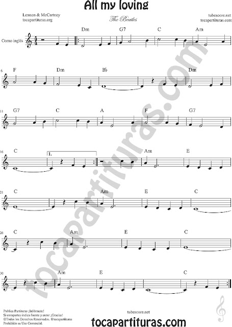 All my loving Partitura de Corno Inglés Sheet Music for English horn