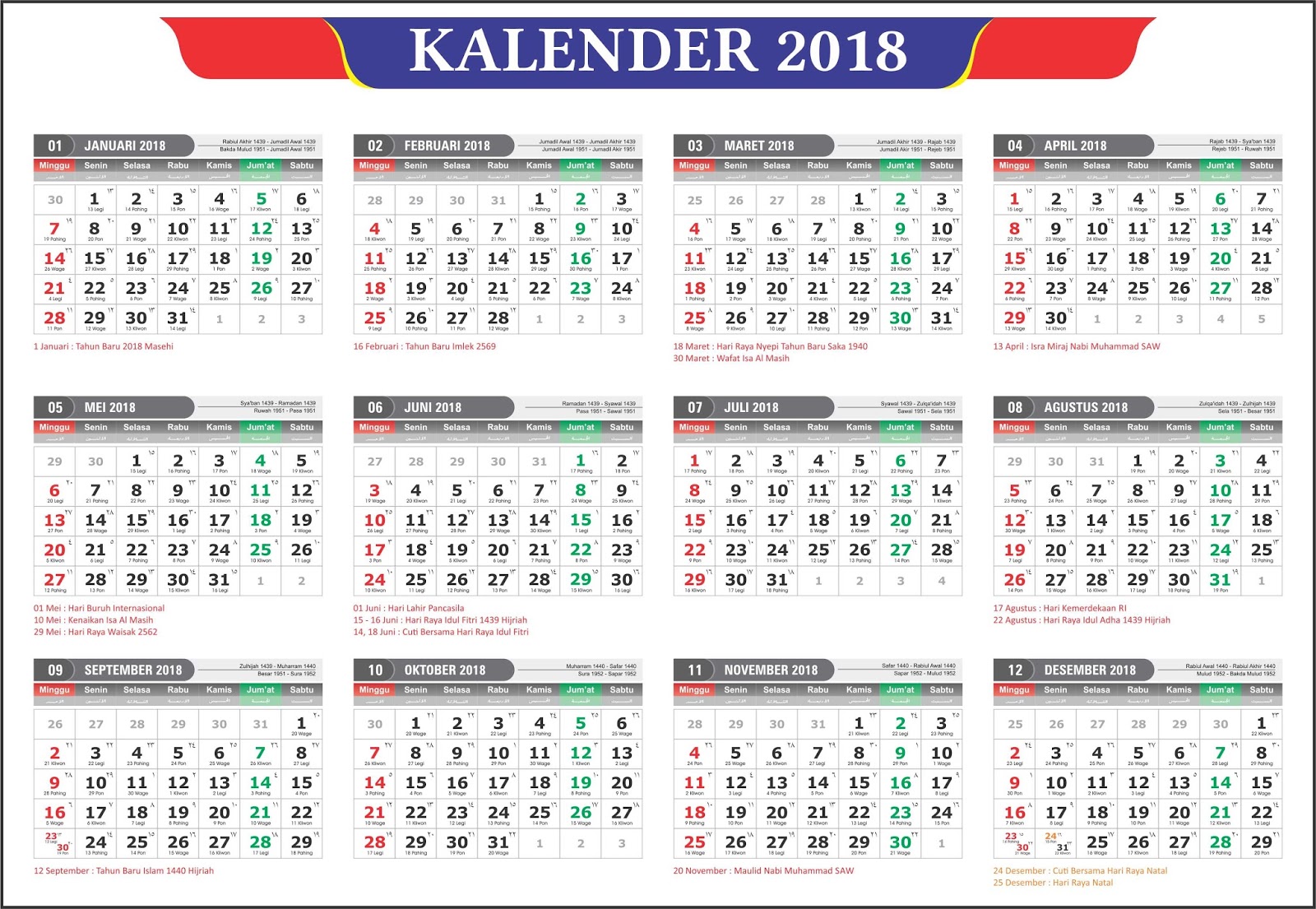 Kalender 2018 Lengkap Masehi, Hijriah Dan Jawa - Suikolabs