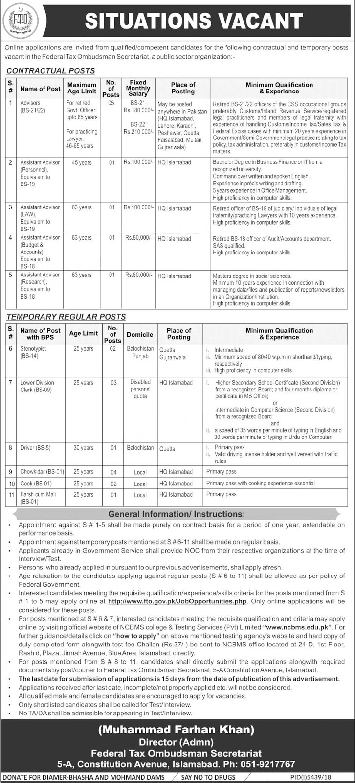 Jobs in Federal Tax Ombudsman Secretariat 2019 Jobs in Federal Tax Ombudsman Secretariat 2019