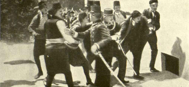 Arrest and trial of Gavrilo Princip and his accomplices (Ратни албум 1914-1918, Поповић, Андра, Београд, 1926)