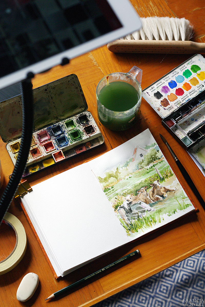 Augstens kor, akvarell av Alicia Sivertsson. / Augsten's cows, watercolour by Alicia Sivertsson.