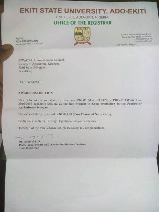 EKSU Best Student Gets N2,000 Cash Prize