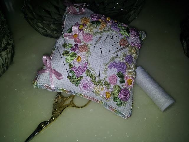 silk ribbon embroidery pincushion