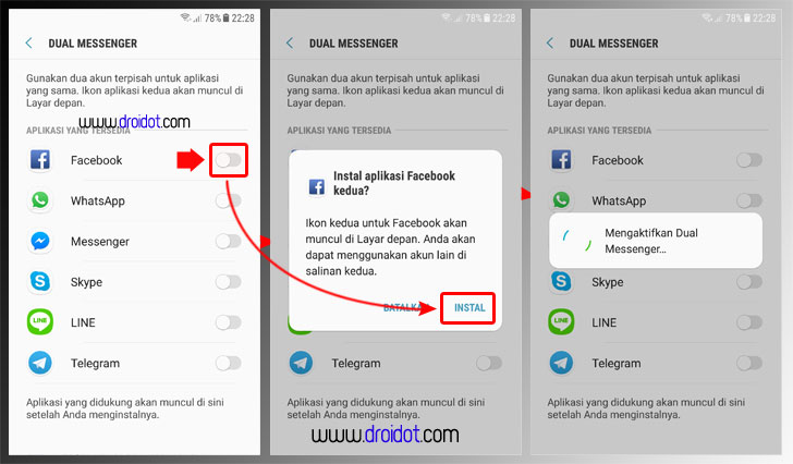 Pasang dua aplikasi Messenger di Android