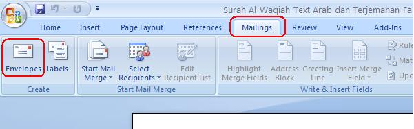 menu Mailings => Envelopes