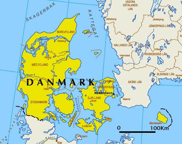 Politische Landkarte von Dänemark (in Landessprache) | Weltatlas
