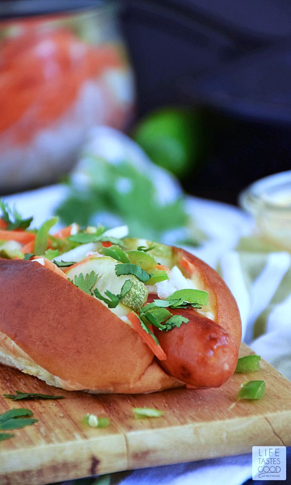 Banh Mi Hot Dog recipe | by Life Tastes Good is inspired by the Banh Mi Vietnamese sandwich and takes the humble hot dog to a whole new level of gourmet deliciousness!