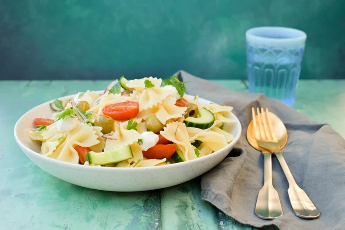 A bowl of Summer Greek Vegan Pasta Salad