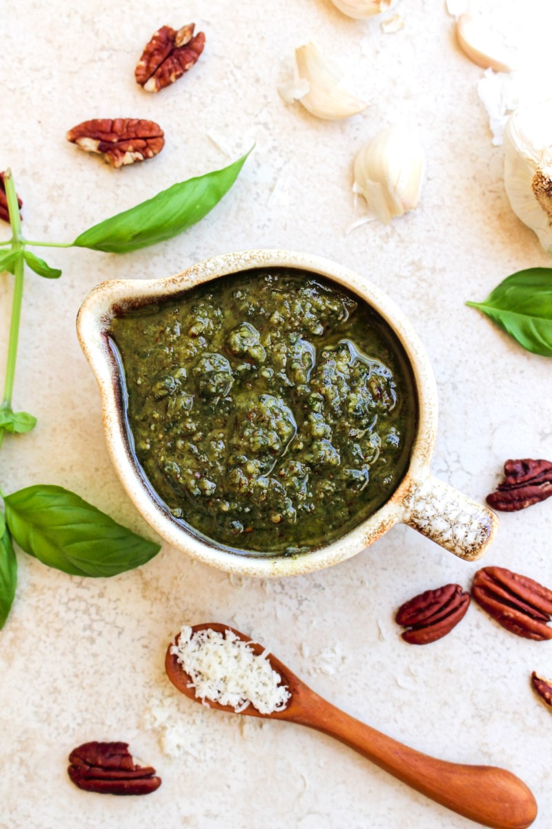 Pecan Basil Pesto | The Two Bite Club | #pesto #pecans Pecan Basil Pesto is a twist on traditional pesto that uses pecans instead of pine nuts. It is super versatile and can be used in so many ways! #pesto #pecans