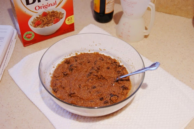 Bowl of Softened Bran Raisin Mixture to Make Refrigerator Bran Muffins Image
