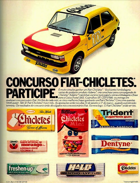 Propaganda do Concurso Fiat-Chicletes em 1982. Sorteio de um Fiat 147 personalizado.