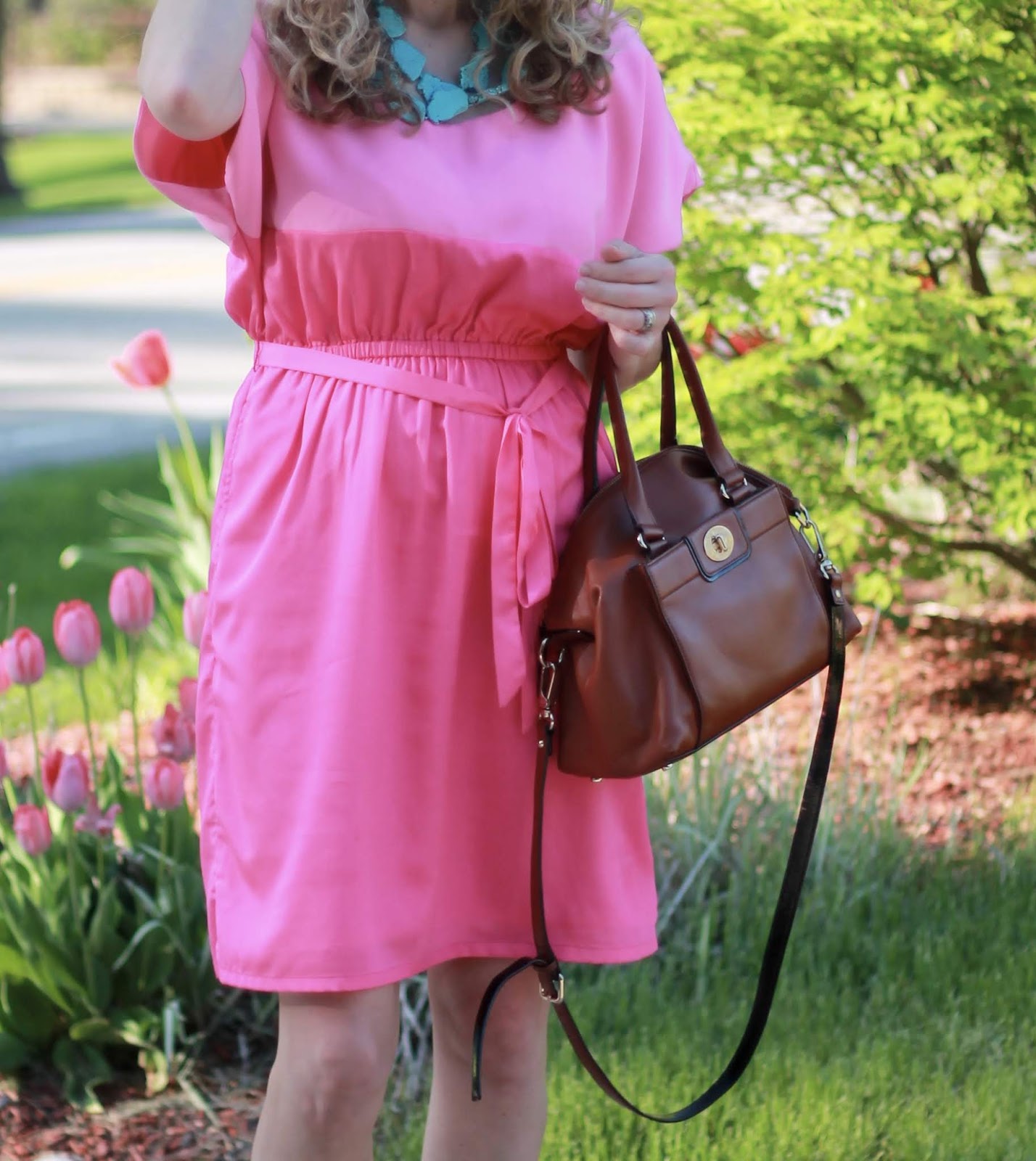 Colorblock Pink Dress for Spring pink color block dress, turquoise necklace, wedges, cognac leather satchel
